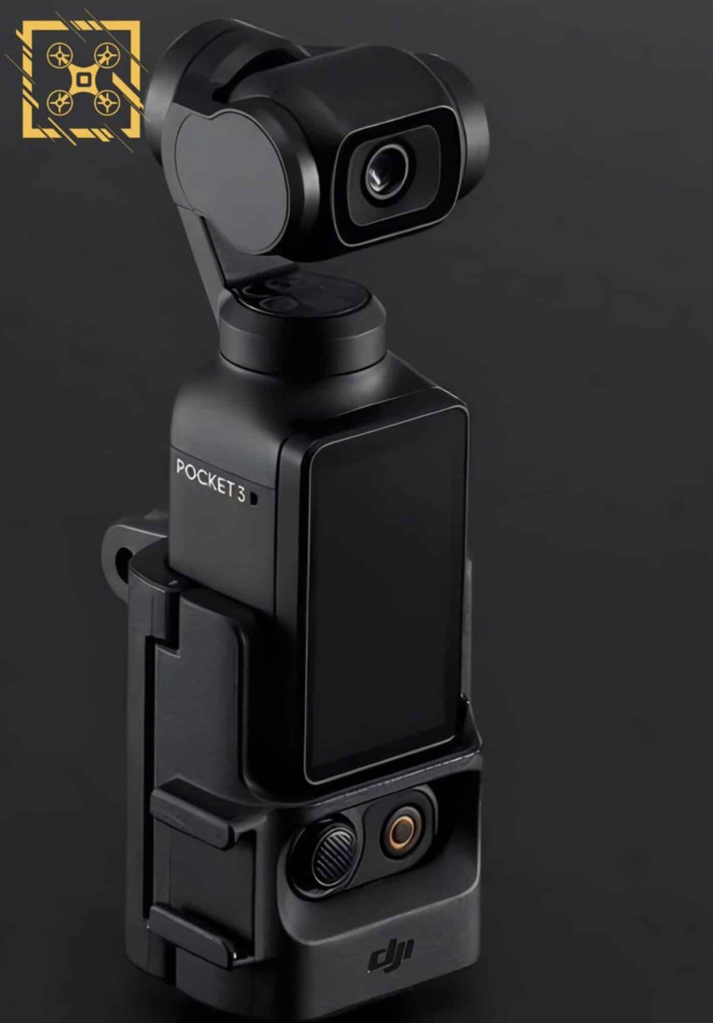 The DJI Osmo Pocket 3 camera with grip/mount for accessories.