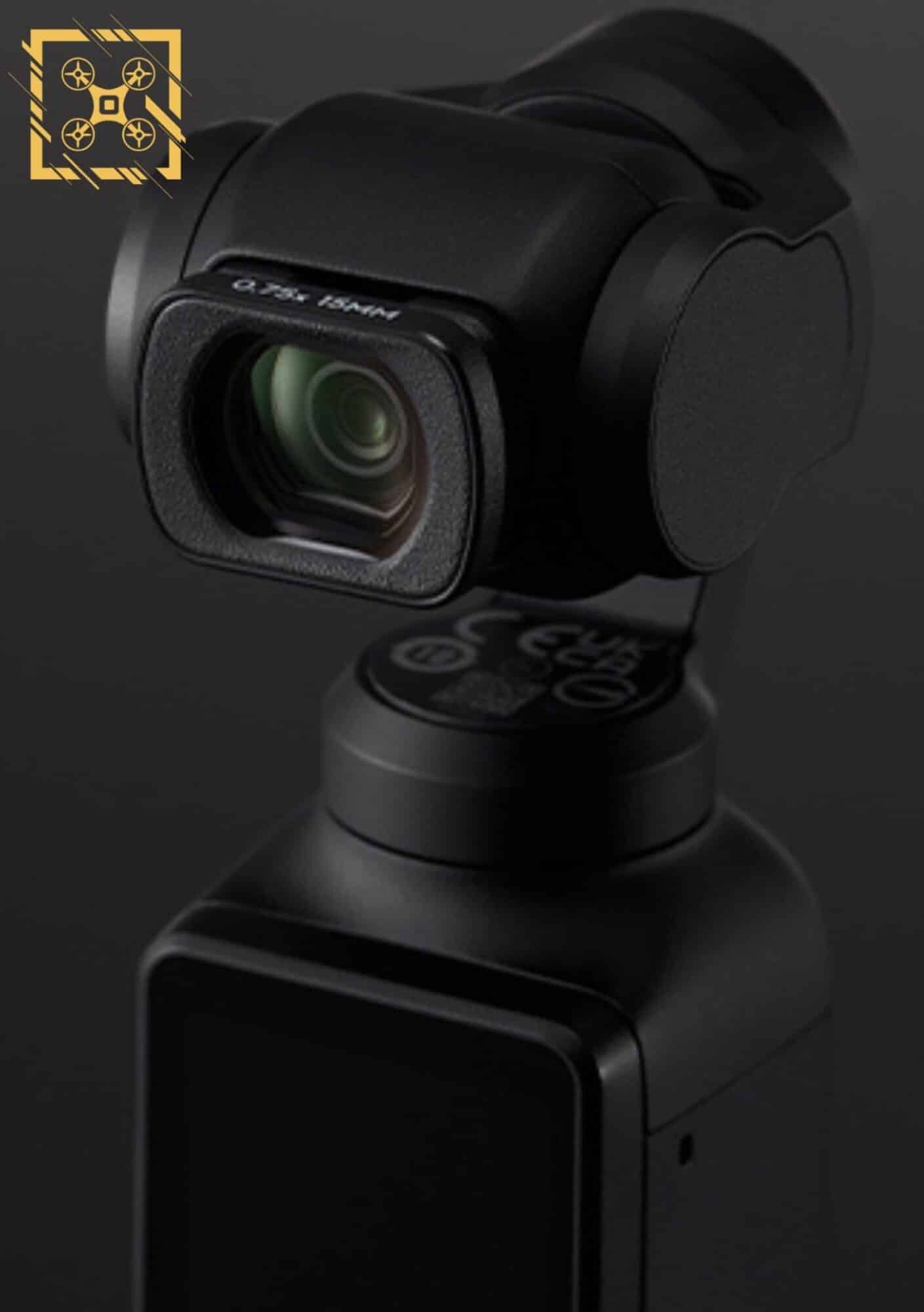 The DJI Osmo Pocket 3 camera with the magnetic 15mm equivalent wide-angle lens attached.