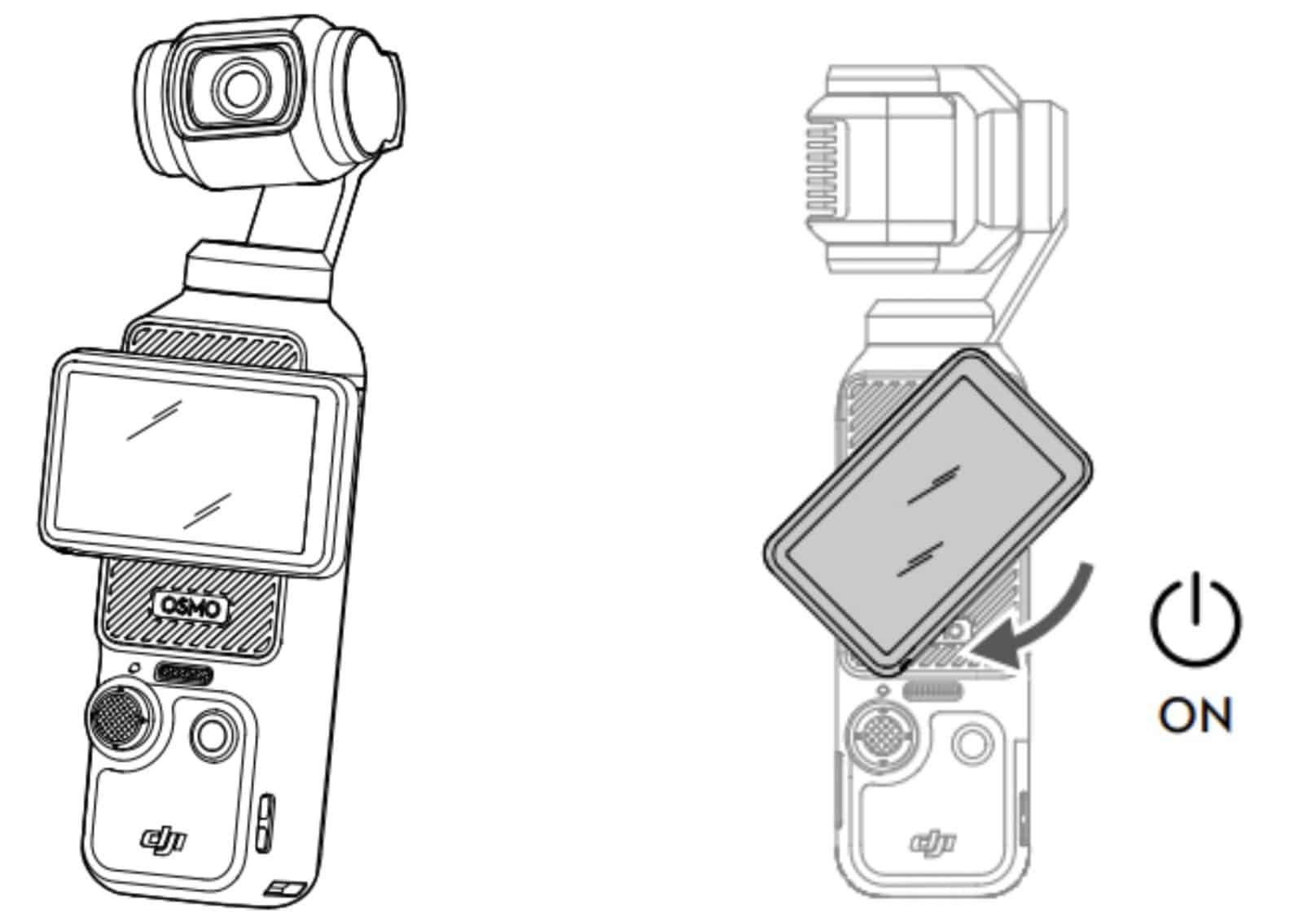 The DJI Osmo Pocket 3 camera can be turned on by rotating the touch screen.