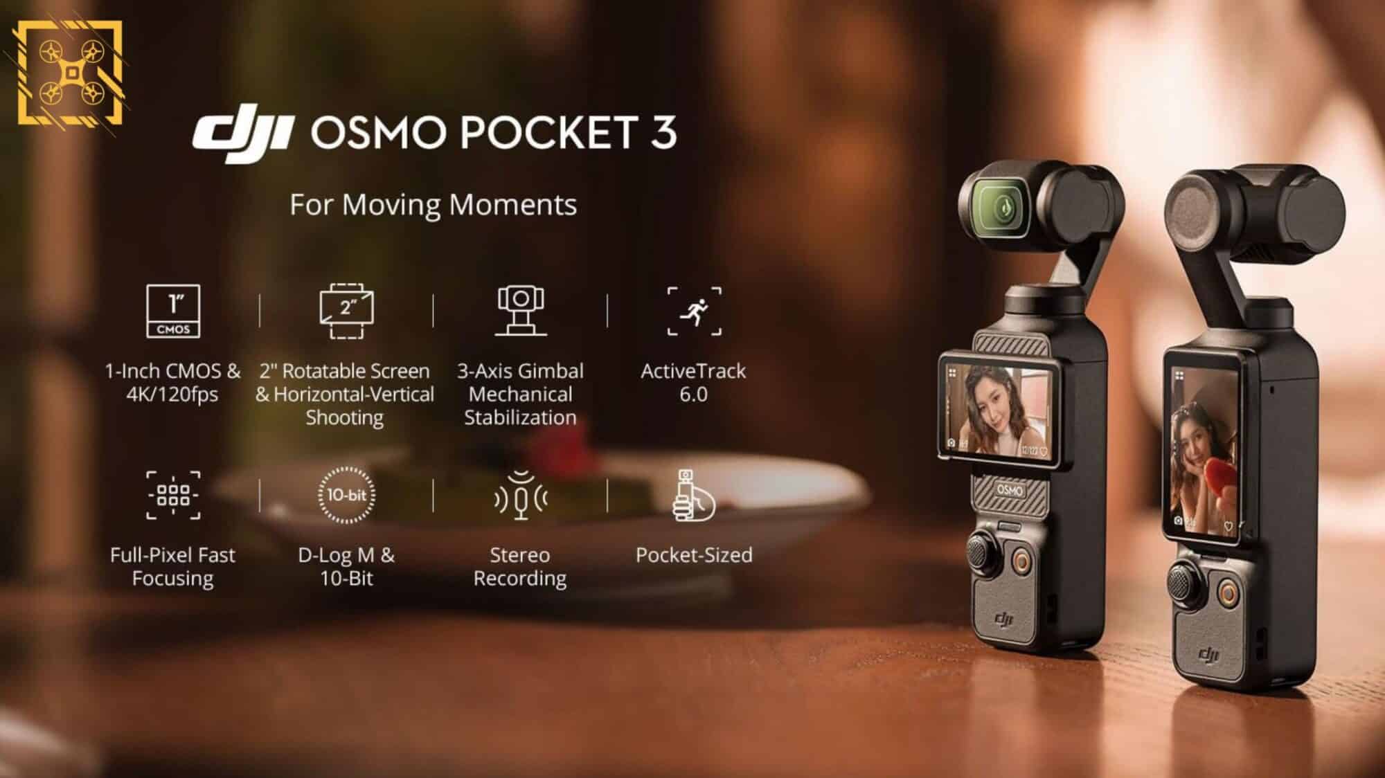 DJI Osmo Pocket 3 promotional graphic listing features beside two gimbal camera units.