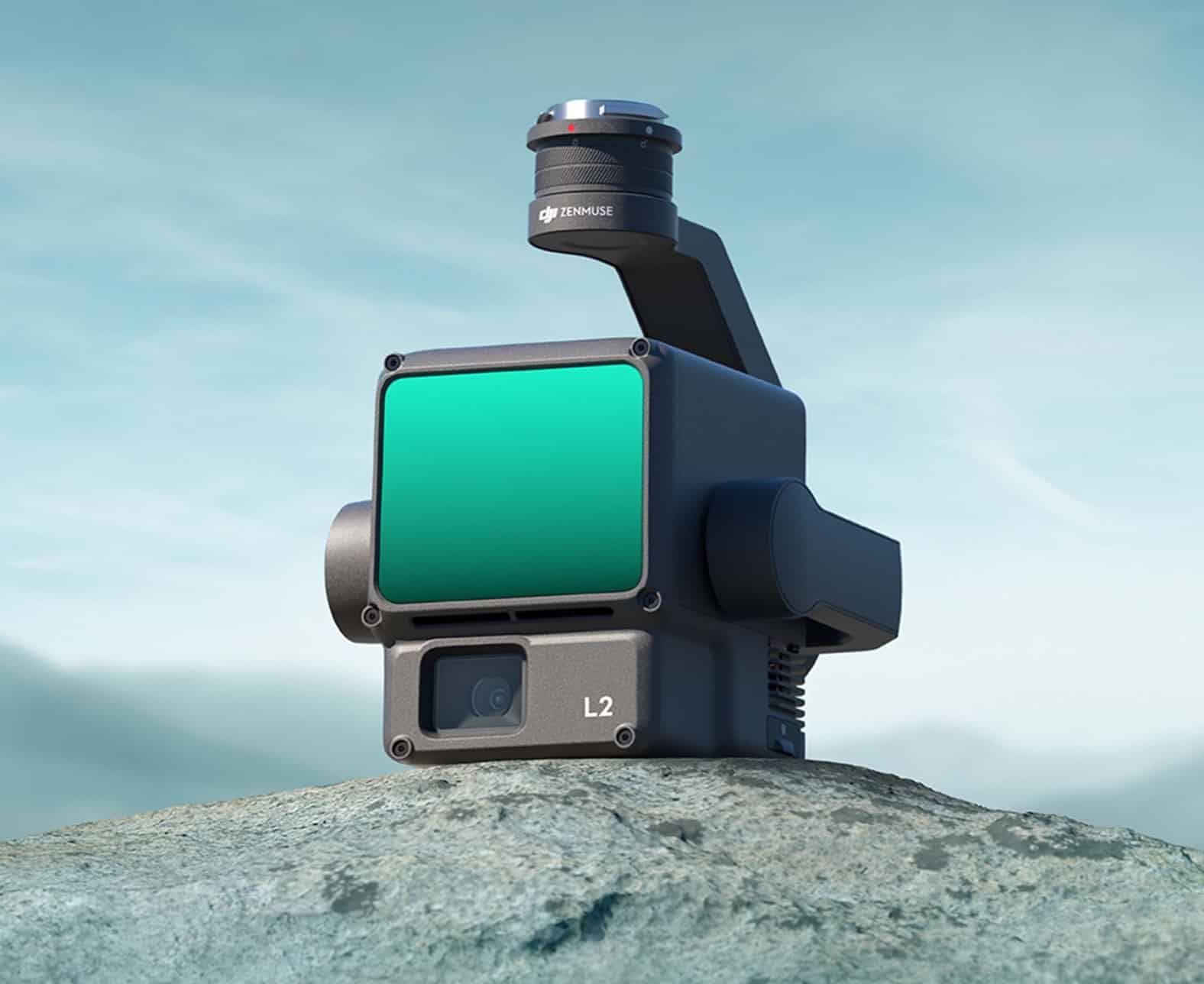 Render of the Zenmuse L2 LiDAR payload resting on a rocky outcrop.