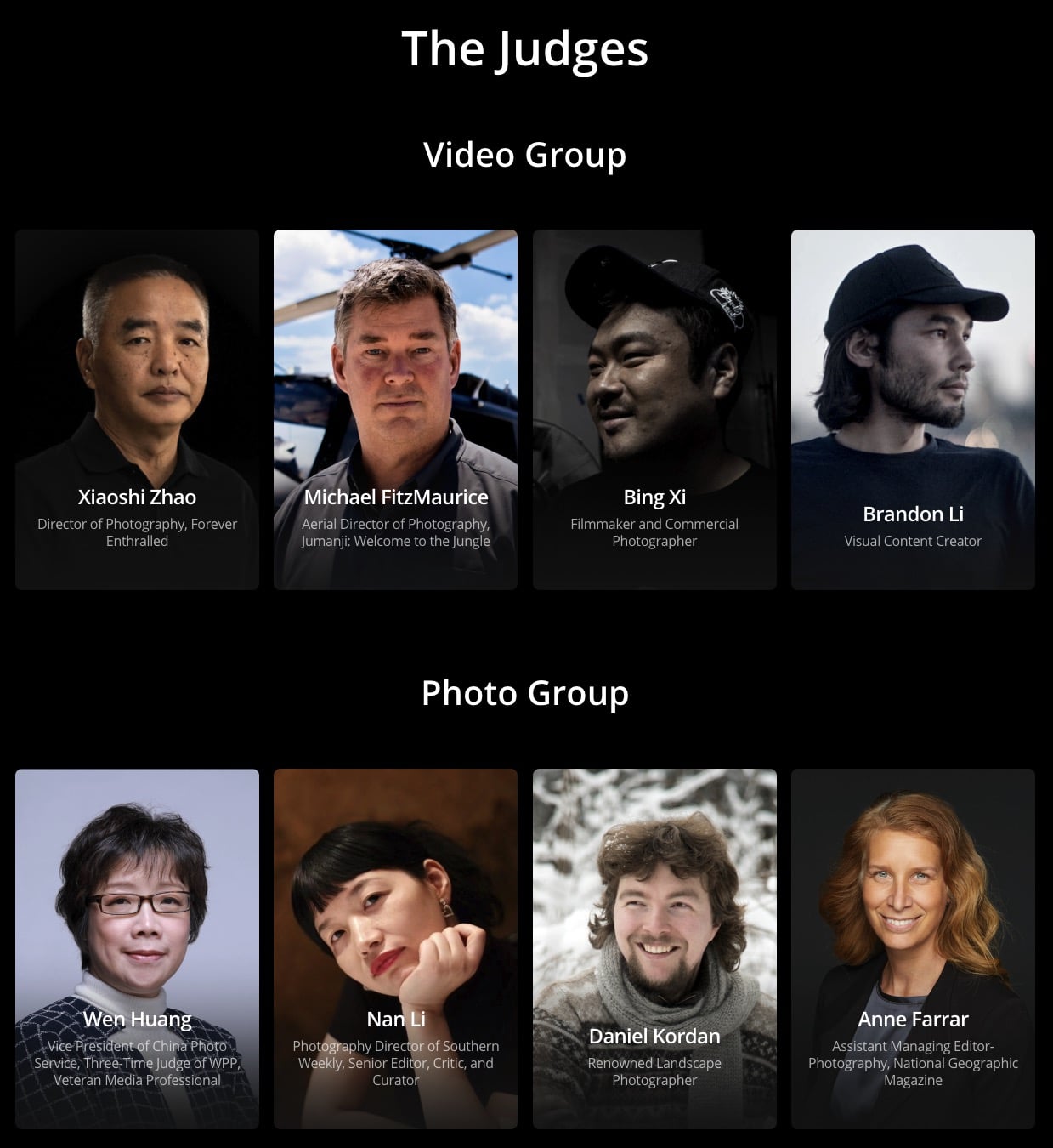 SkyPixel contest judges panel showing portraits for the video and photo groups.