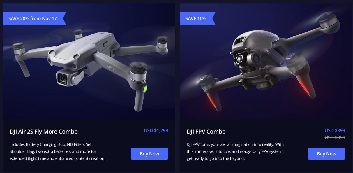 DJI Black Friday promotion advertising up to 30 percent off drones and accessories.