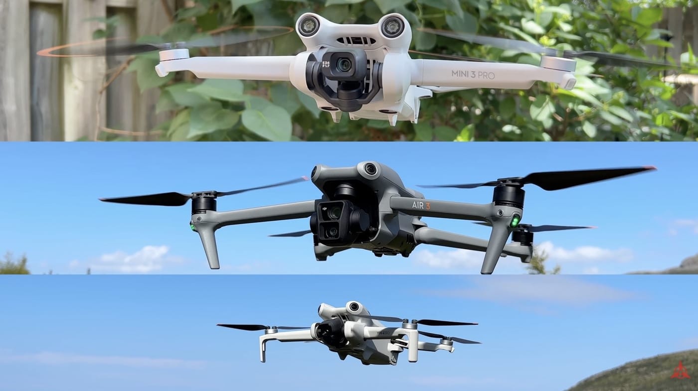 DJI Mini 3 Pro, Air 3 and Mini 4 Pro hovering together above a Canadian field.