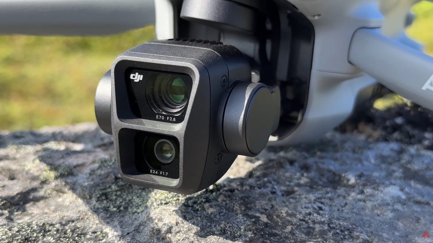 Close-up of the DJI Air 3 gimbal carrying its wide and 3x telephoto cameras.