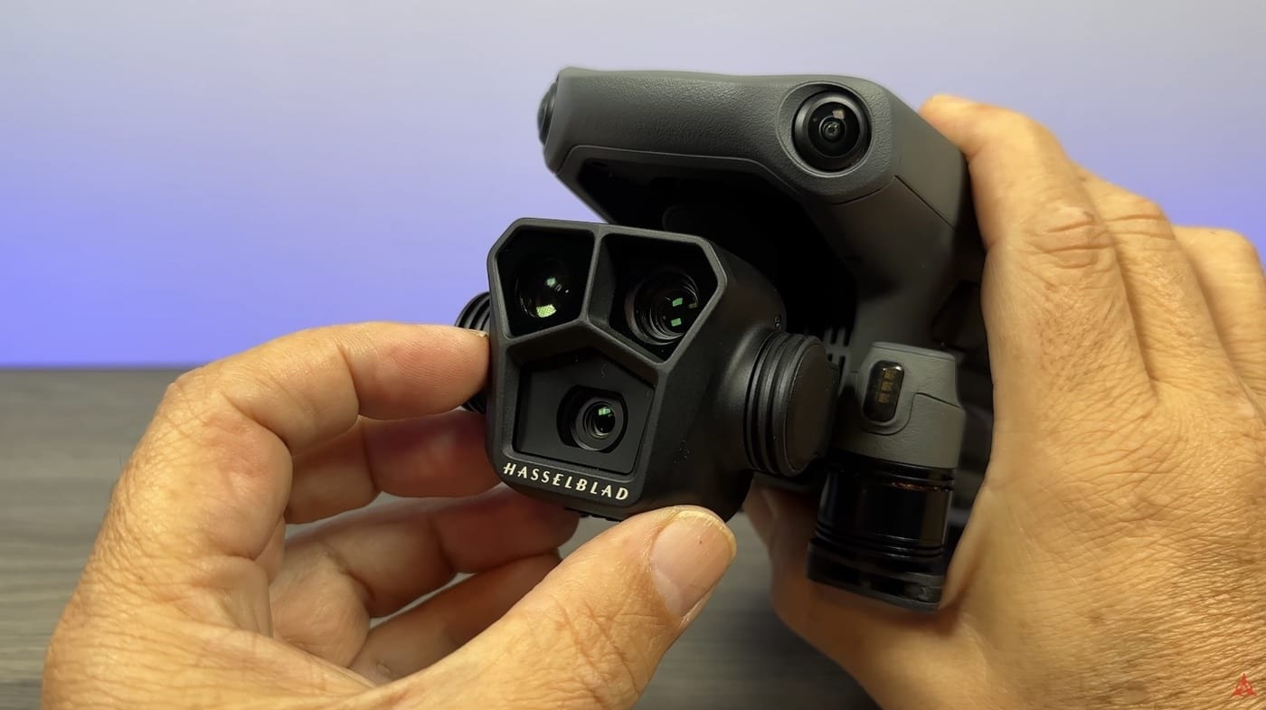 The DJI Mavic 3 Pro camera head with its Hasselblad, 3x and 7x lenses.