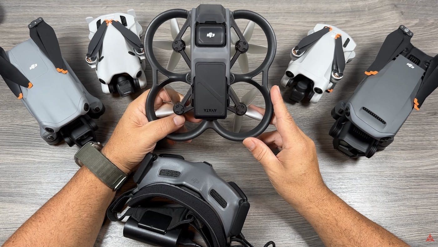 The ducted DJI Avata FPV drone sitting on the table during the Avata section.