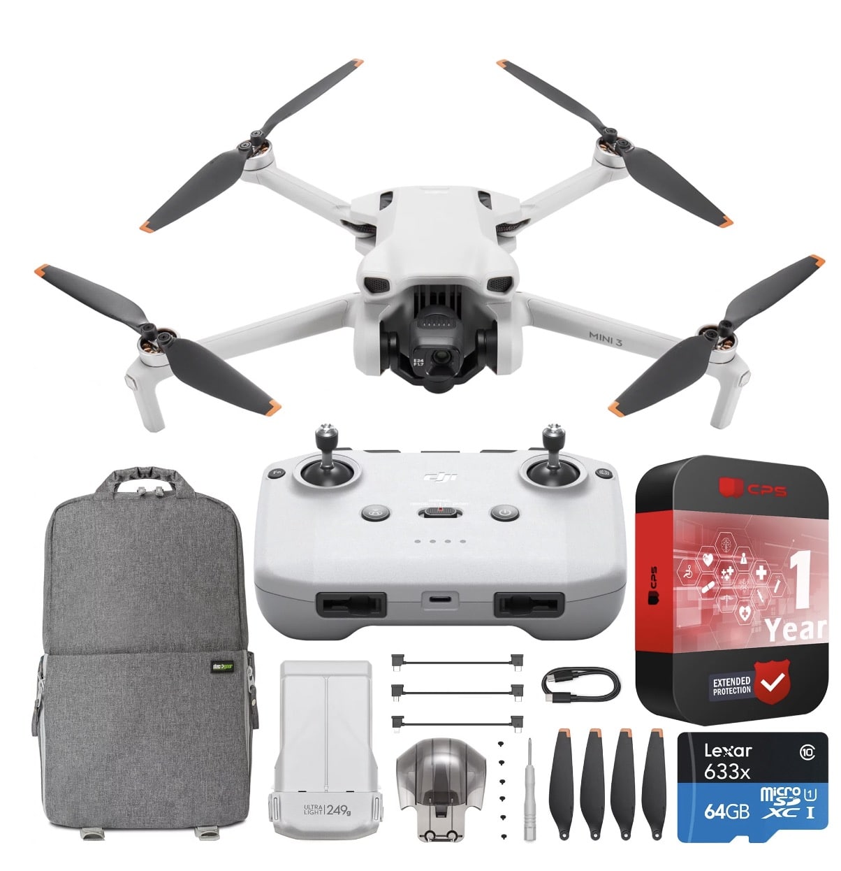 Bundle product image pairing a DJI Mini 3, controller, backpack, and memory card.