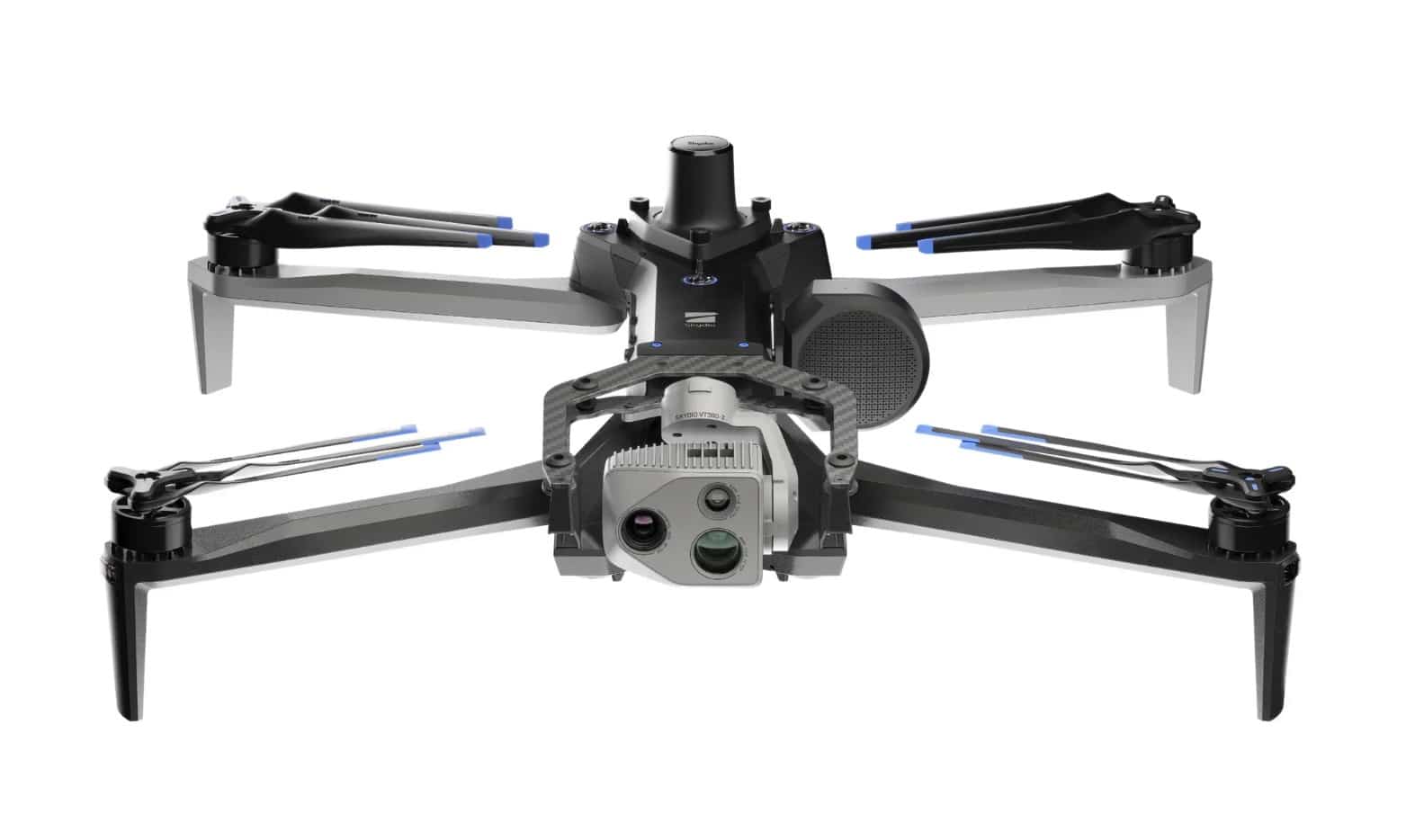 Skydio X10 render with folding arms and its multi-sensor gimbal underneath.