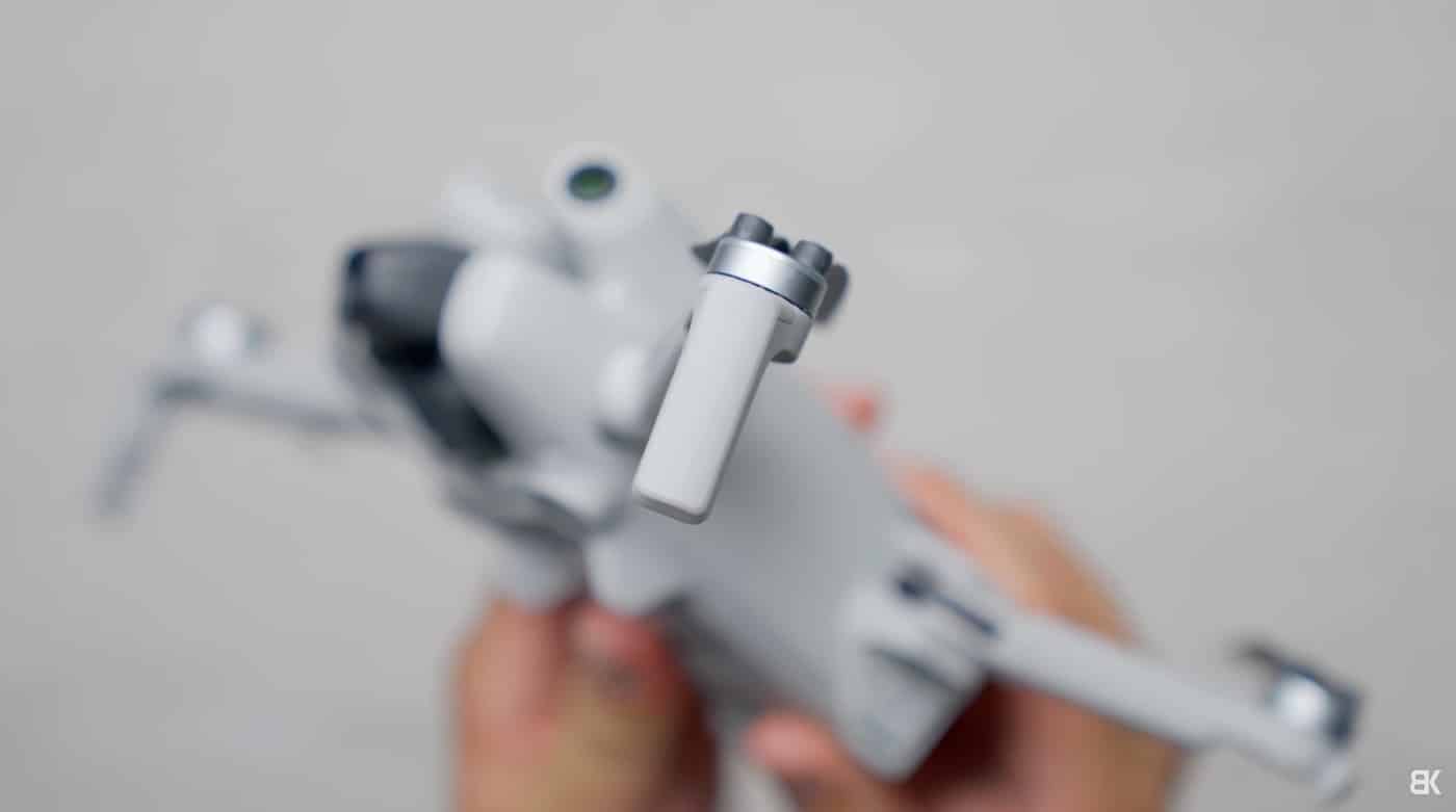 The front landing legs added to the Mini 4 Pro to steady it on the ground.