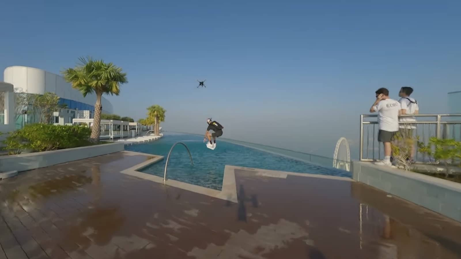 Brian Grubb wakeskating behind a heavy-lift drone above Dubai.