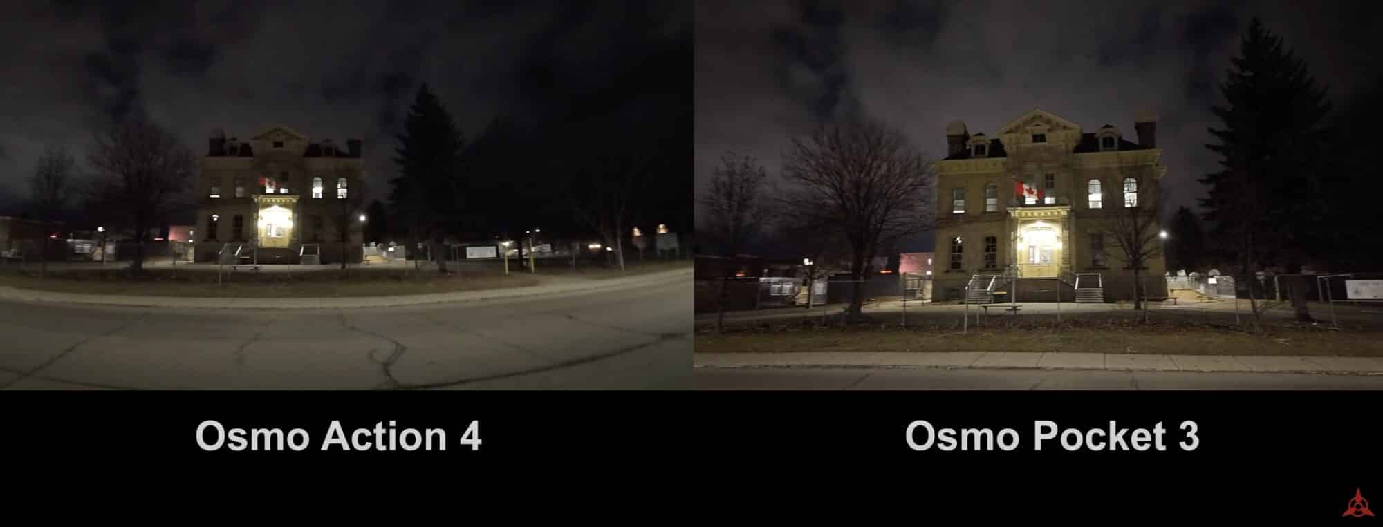 Night comparison of the same building shot on Action 4 and Pocket 3.