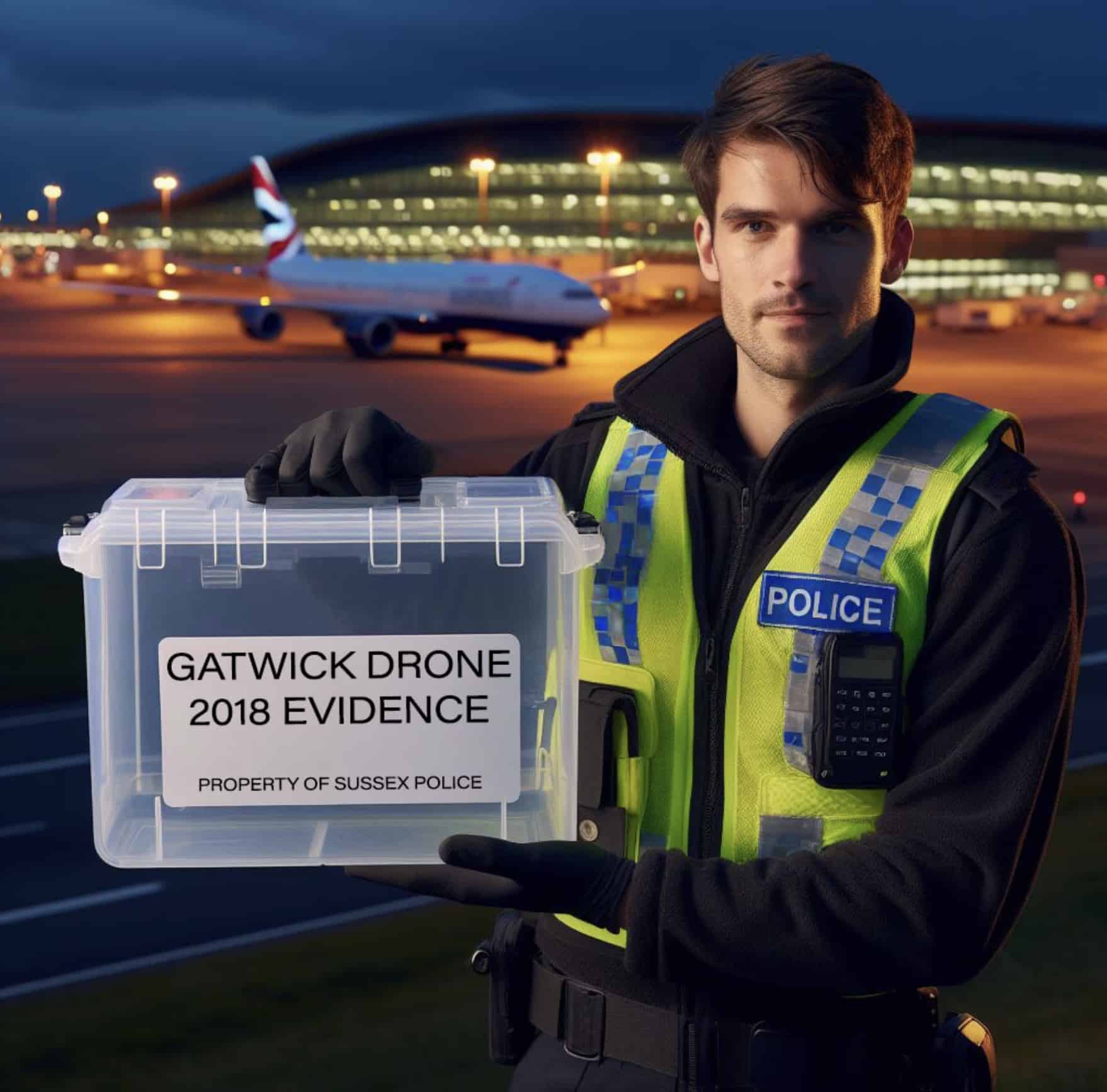 Illustration of a police officer holding a Gatwick drone evidence box at an airport.