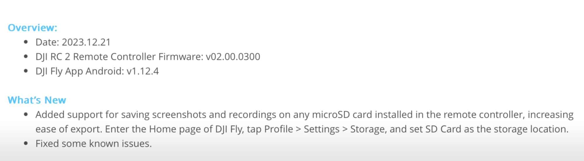 DJI RC 2 firmware release notes adding microSD screenshot and recording storage.