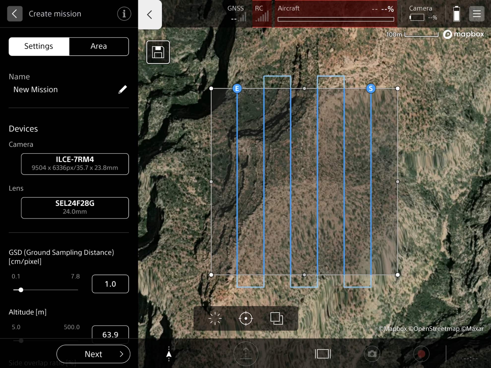 Screenshot of the Airpeak Flight app planning a mapping mission grid.