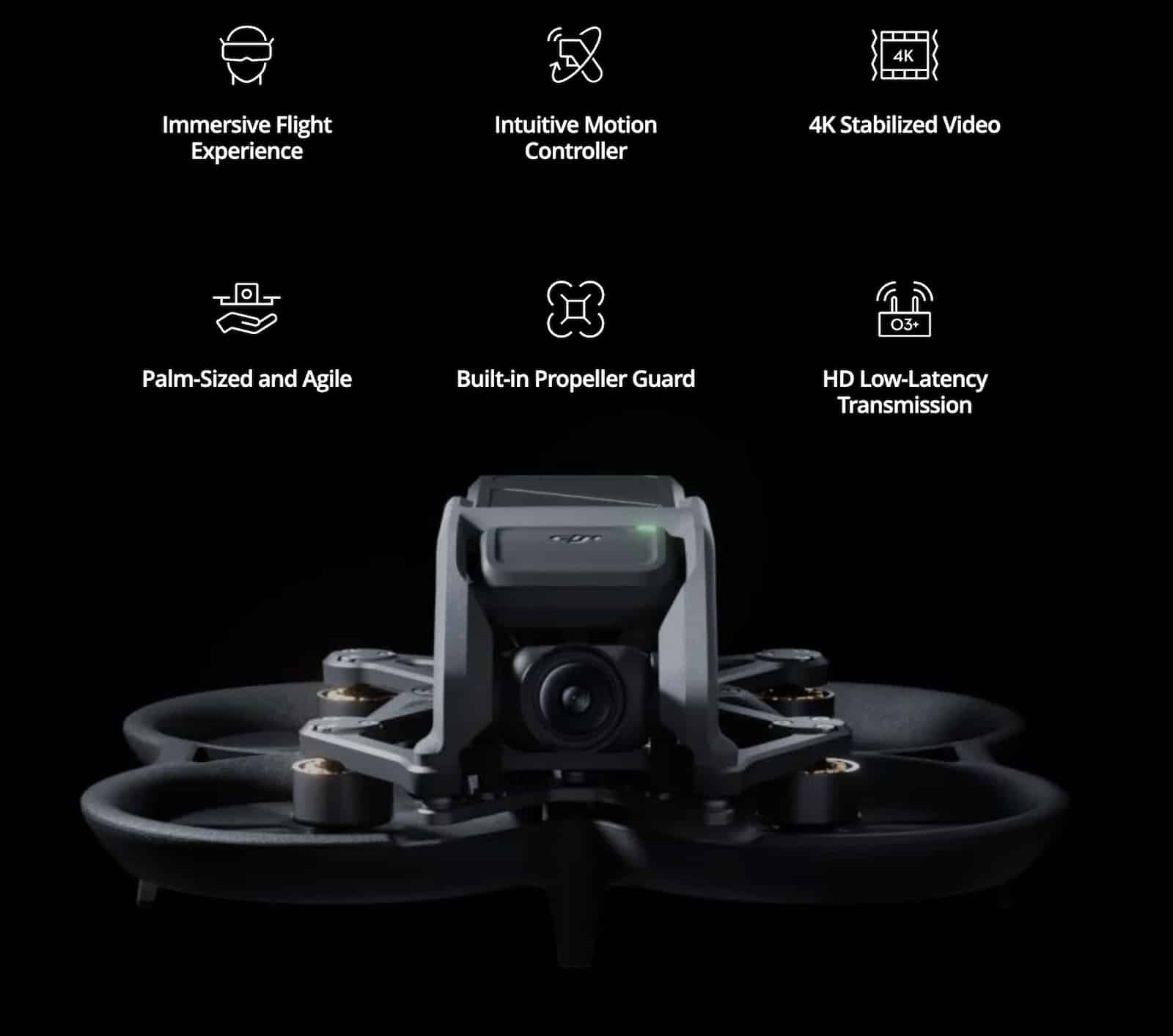 DJI Avata feature graphic listing motion control, 4K stabilized video and propeller guards.