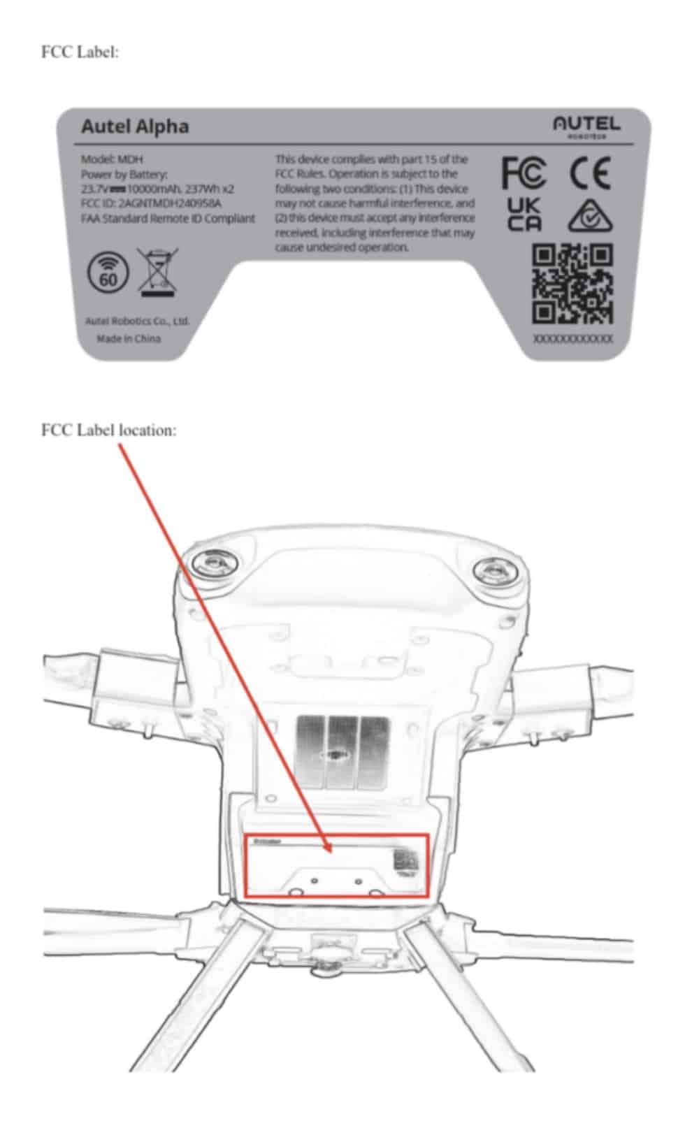 FCC filing page showing the Autel Alpha label and its placement on the airframe.