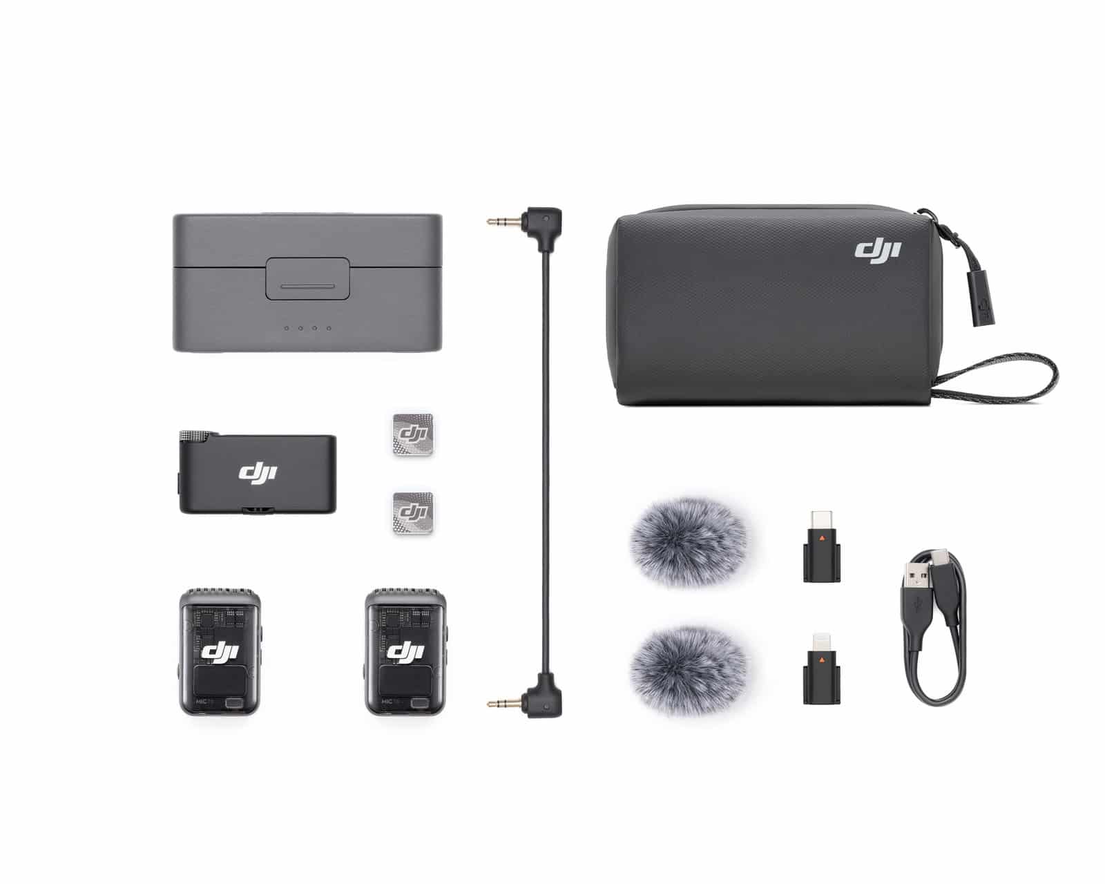 DJI Mic 2 kit with two transmitters, a receiver and the metal charging case.