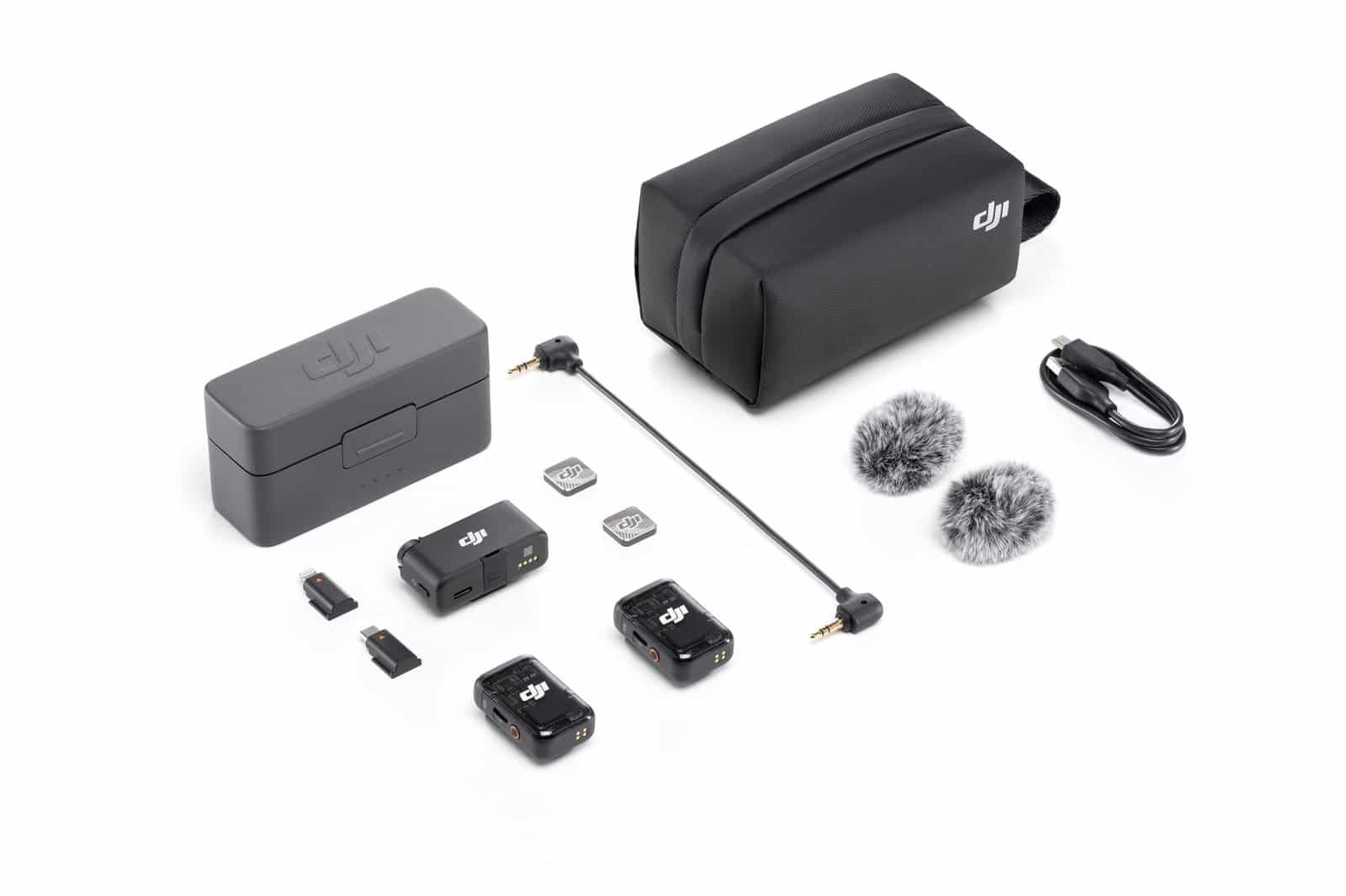 The $349 DJI Mic 2 set including adapters, cables, windscreens and clip magnets.