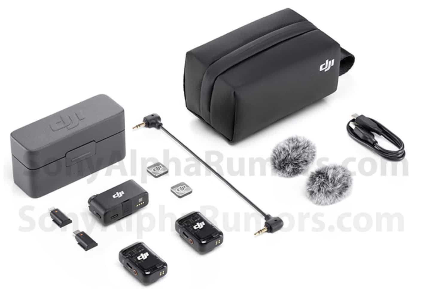Leaked flat-lay of the Mic 2 kit with charging case, travel pouch, windshields and cables.