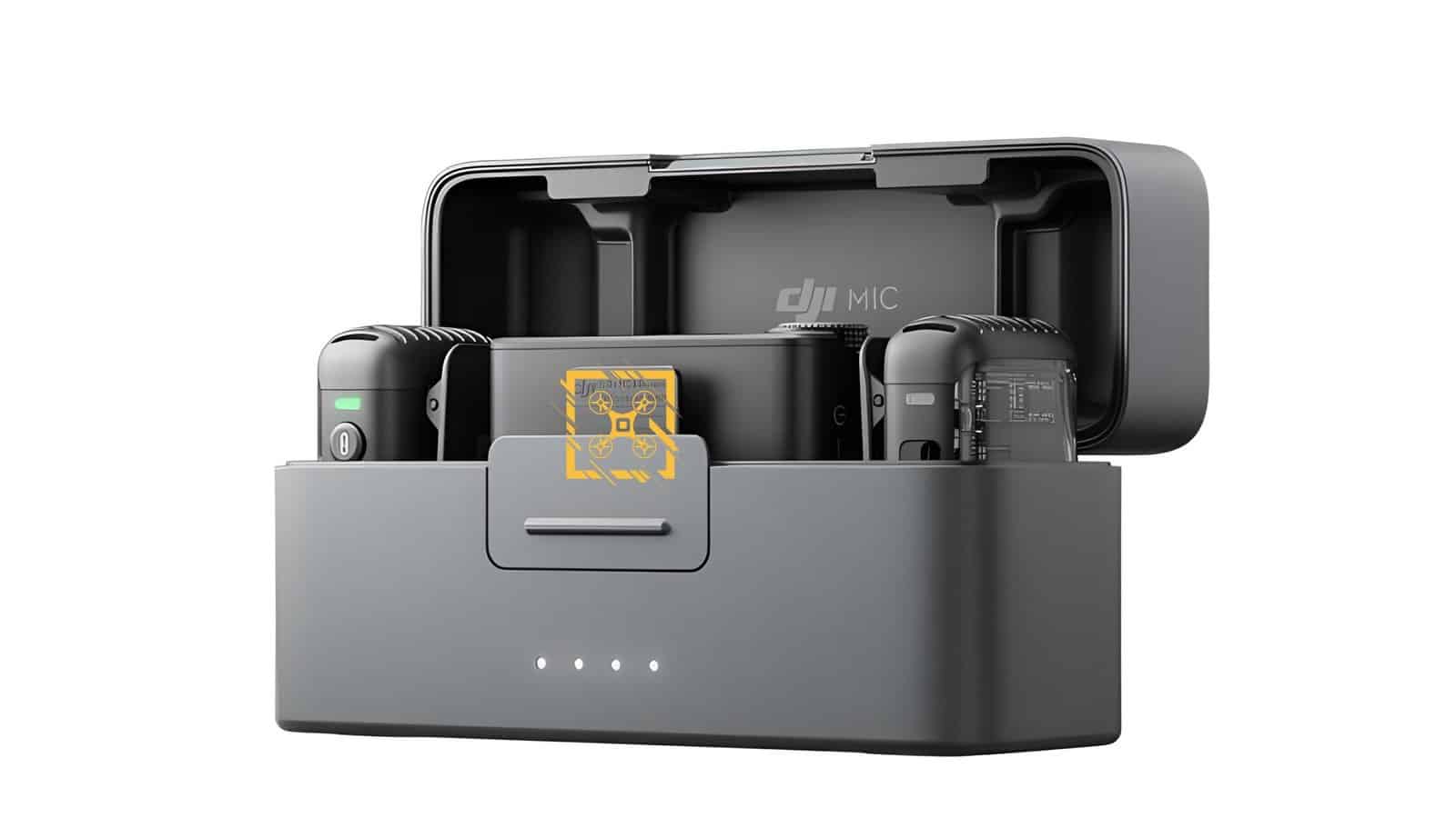 The DJI Mic 2 charging case holding both transmitters alongside the receiver.