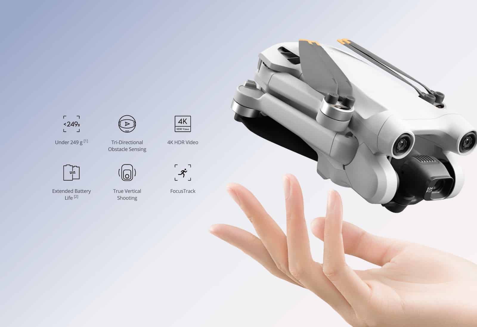 Marketing graphic pairing a folded Mini 3 Pro with feature icons above a hand.