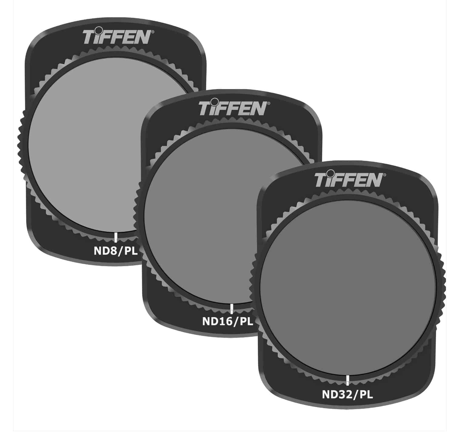 Tiffen ND8/PL, ND16/PL and ND32/PL filters built from 4K optical glass.