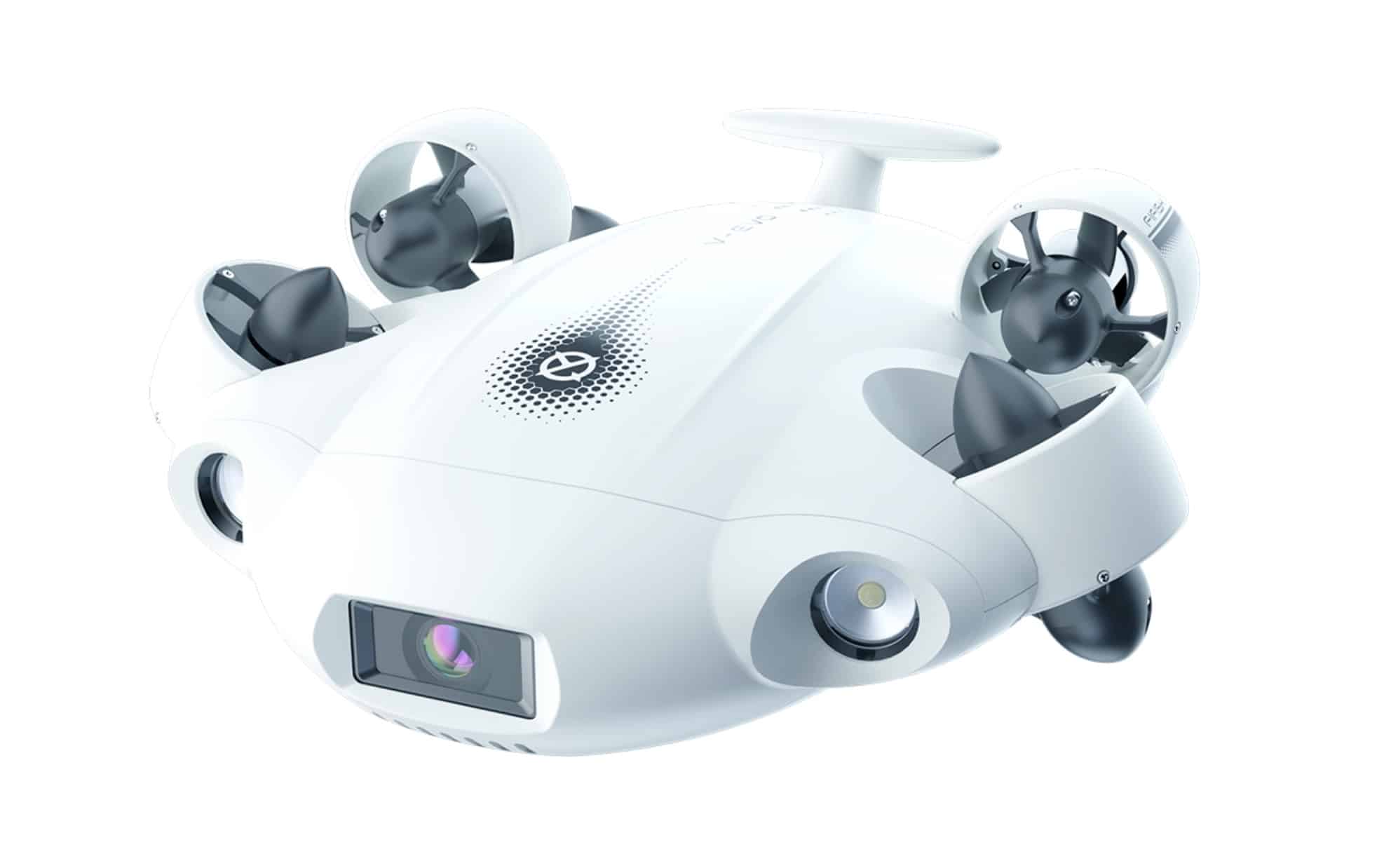 Render of a white underwater drone with four thrusters and a camera.
