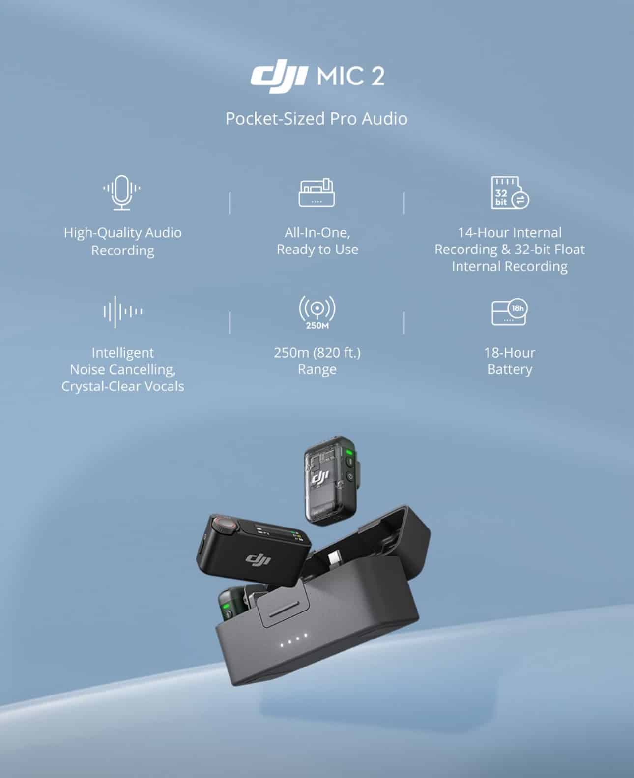 DJI Mic 2 transmitter offering 8GB of storage and 32-bit float internal recording.