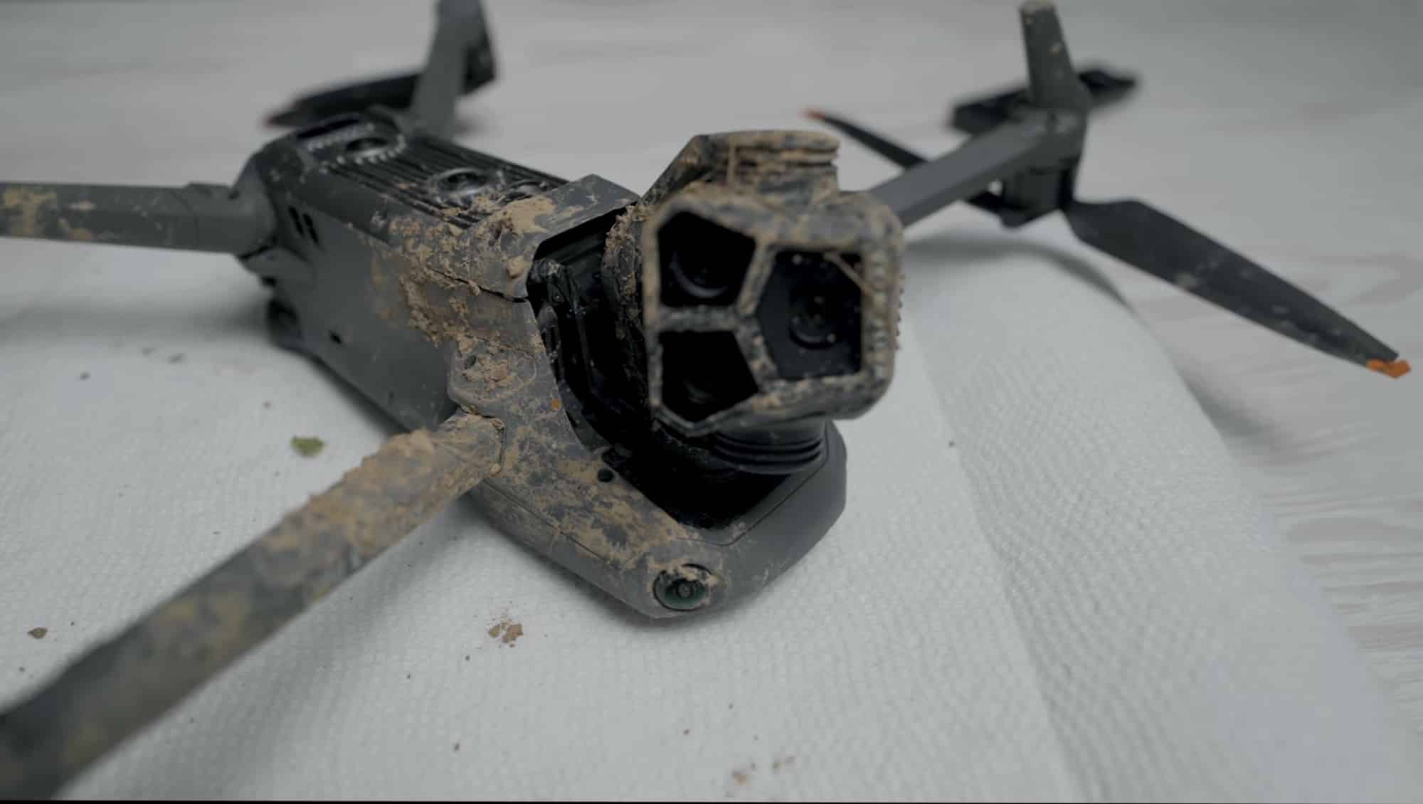Billy Kyle's DJI Mavic 3 Pro caked in dirt after falling about 100 feet (30 meters).