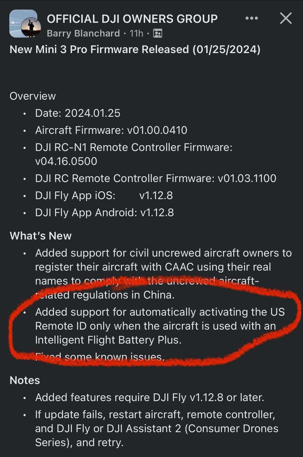 Screenshot of a DJI owners group post about Mini 3 Pro firmware release notes.