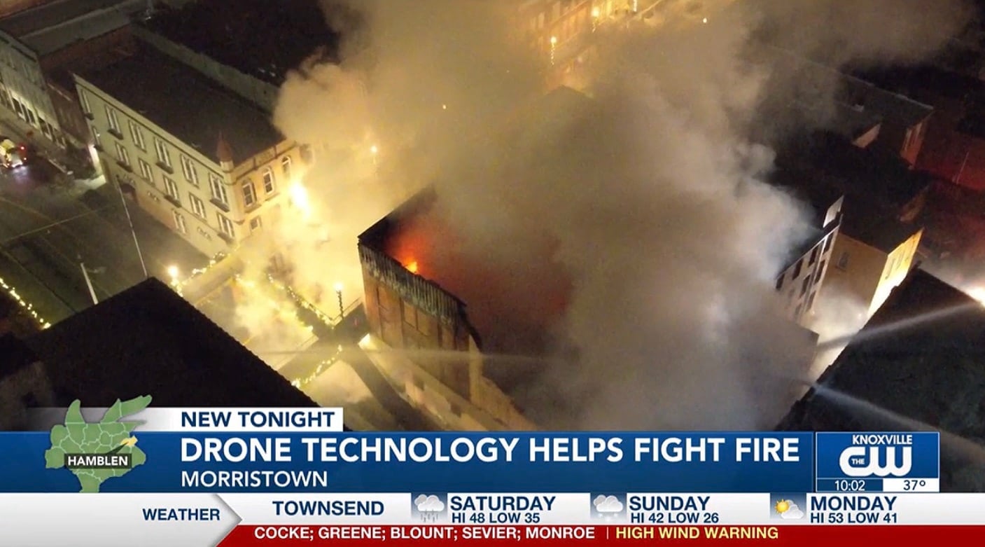Crews battling the fire at the old Parks-Belk building in downtown Morristown.