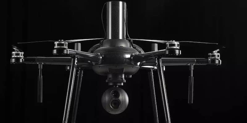 Nokia drone with dual gimbal camera, tested with Rohde and Schwarz for FCC certification.