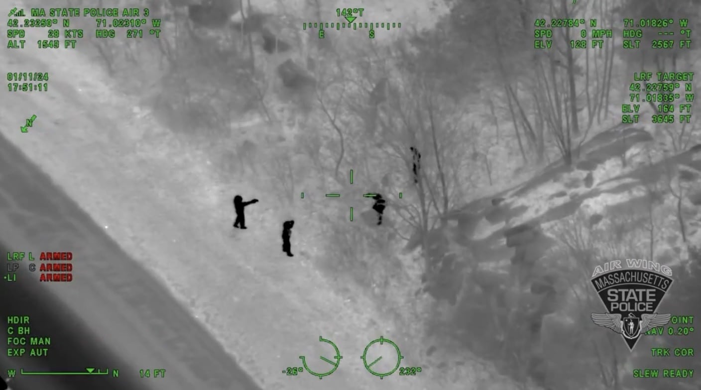 Thermal drone view from the Massachusetts State Police Air Wing over the Braintree woods.