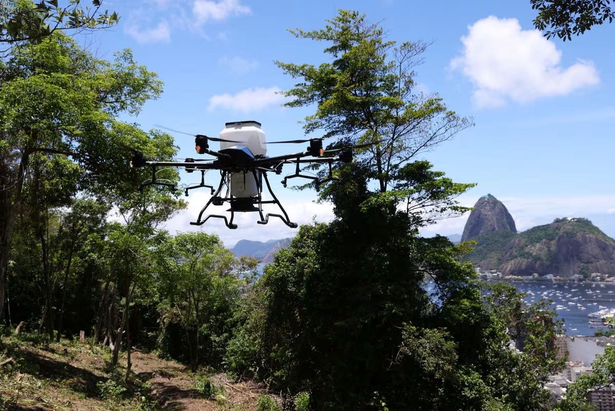 Morfo's reforestation drone prepared for a seeding flight in Rio de Janeiro.