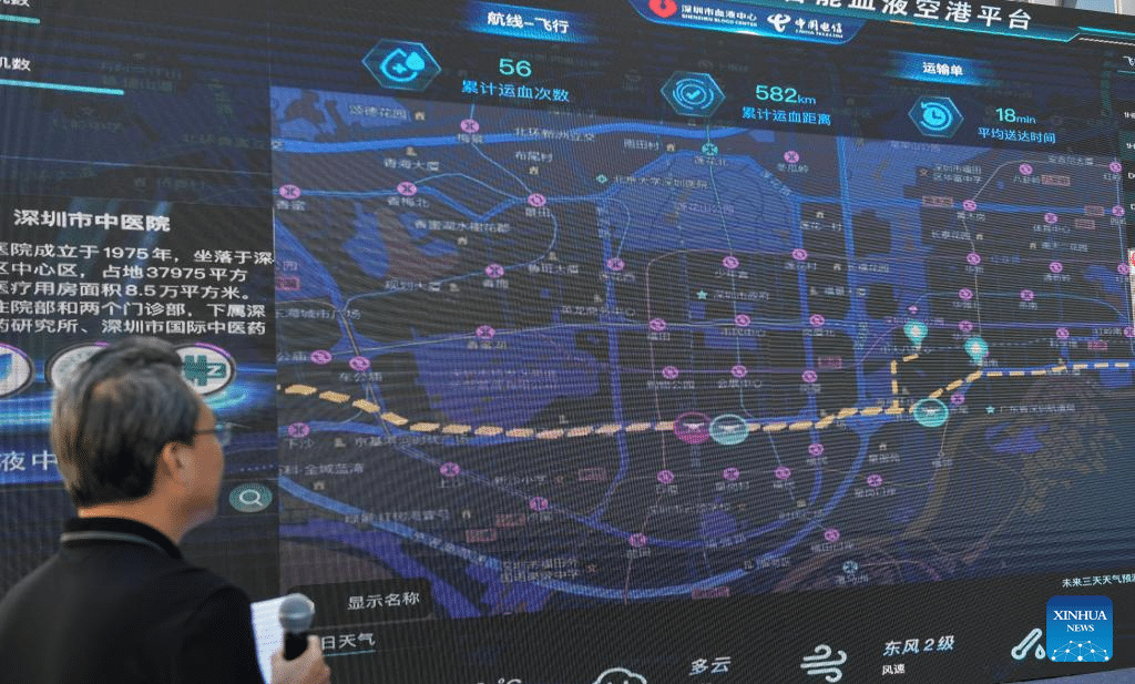 Screens at the Shenzhen Blood Center tracking real-time drone locations.