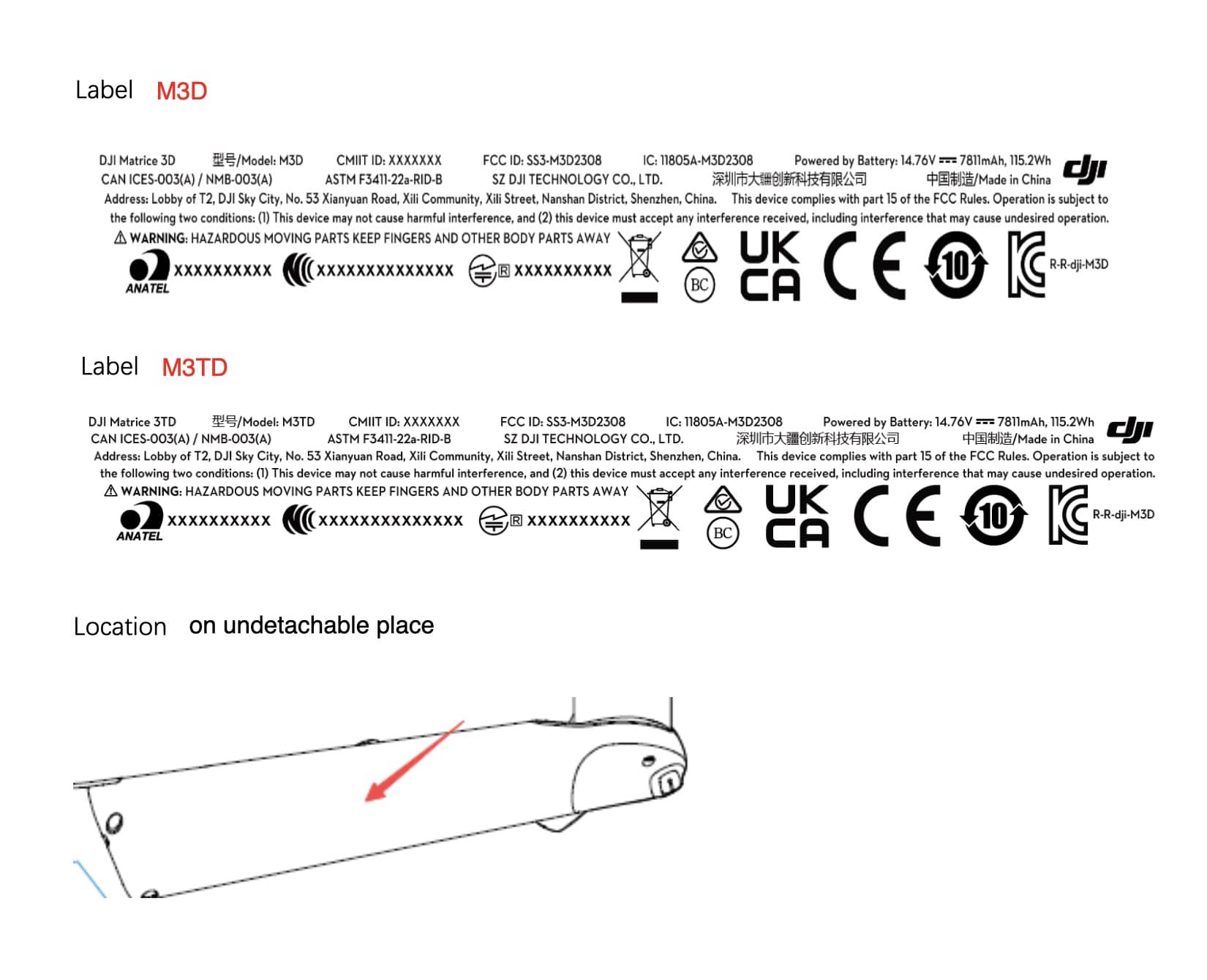 FCC label artwork for the Matrice 3D and 3TD with placement diagram.