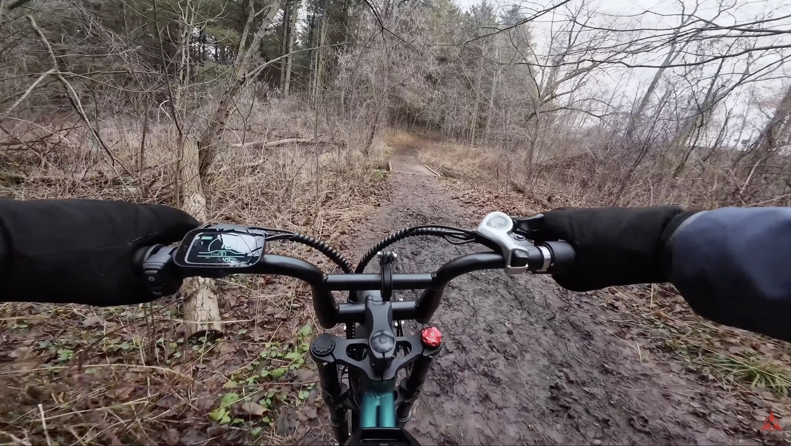 The Action 4 chest-mounted for a muddy winter e-bike review ride.