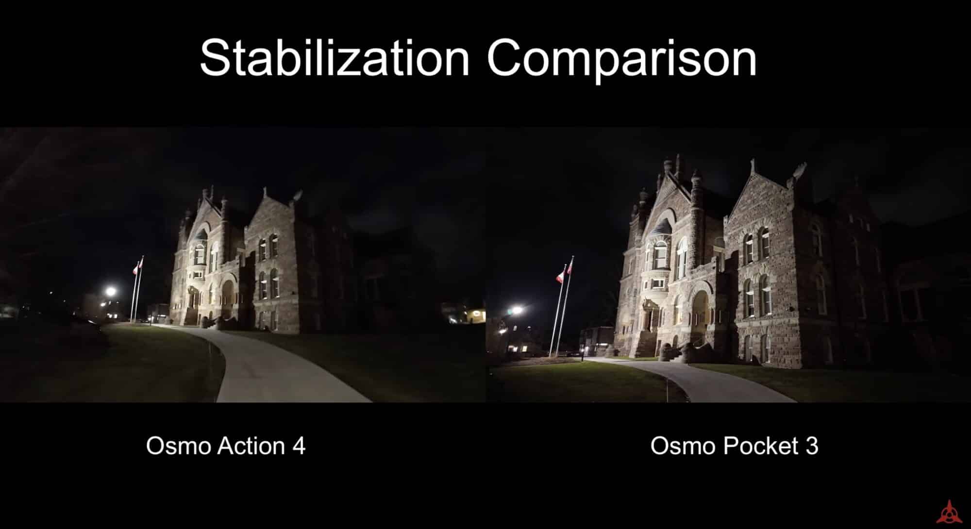 Side-by-side low-light comparison between the Osmo Pocket 3 and the Action 4.