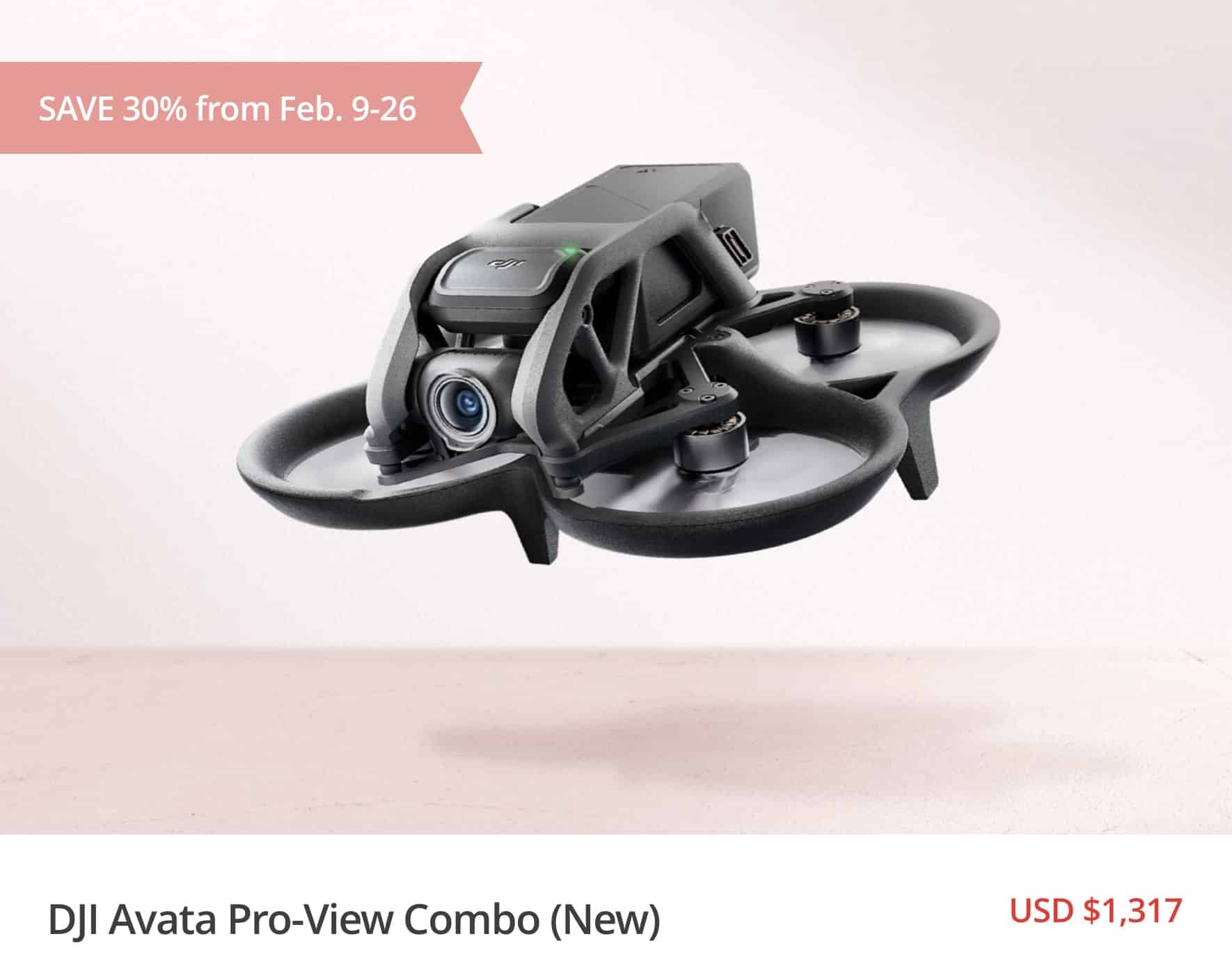 DJI store listing for the Avata Pro-View Combo at 30% off in February.