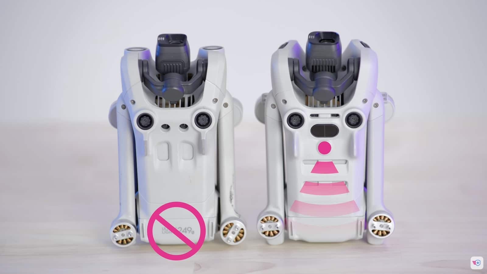 Two folded DJI Mini drones compared, one with forward sensing cones marked in pink.