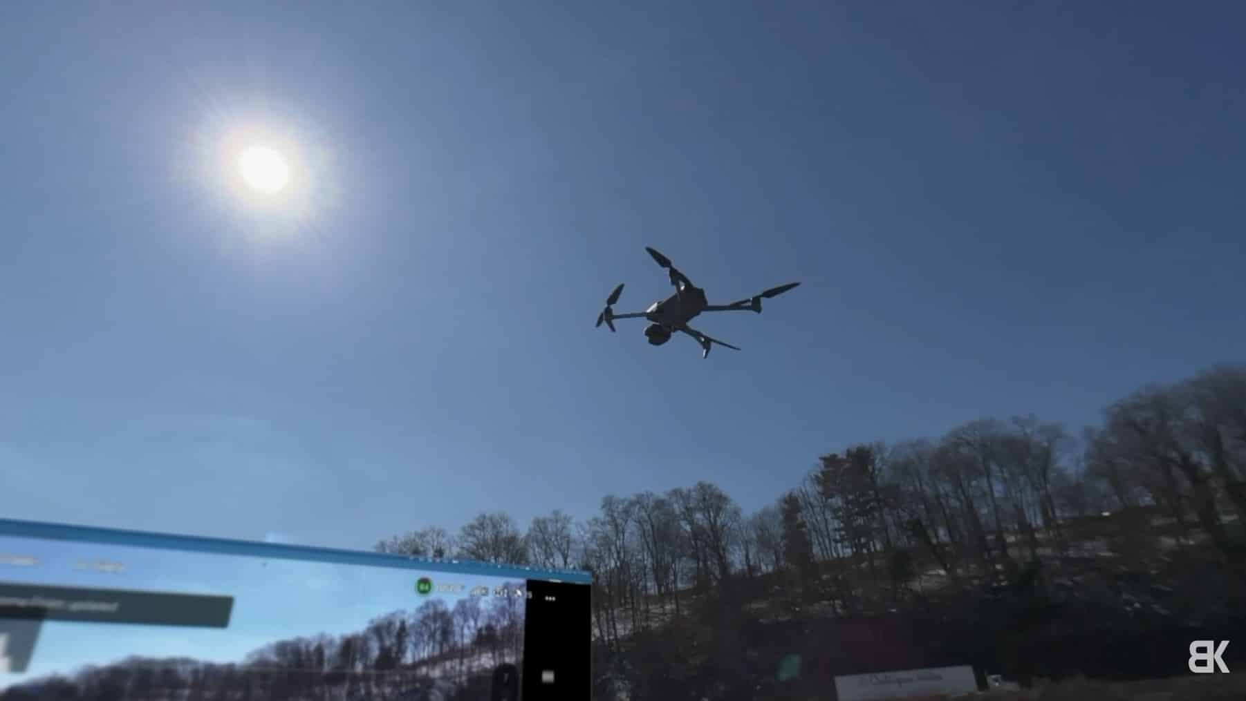 The DJI Fly view floating as an augmented reality window inside the Vision Pro.