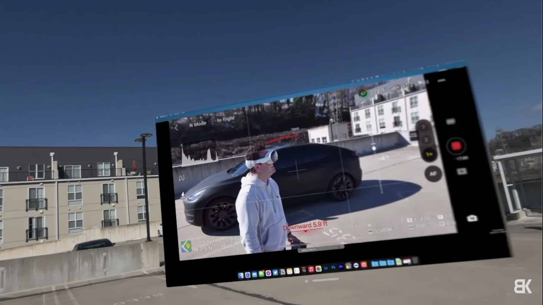 The DJI Mavic 3 Pro in the air beside the virtual flight screen.