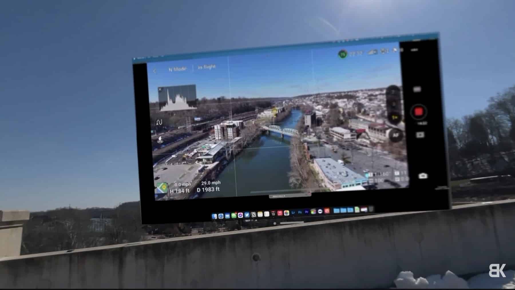 The virtual flight screen scaled up until it is as large as a car.