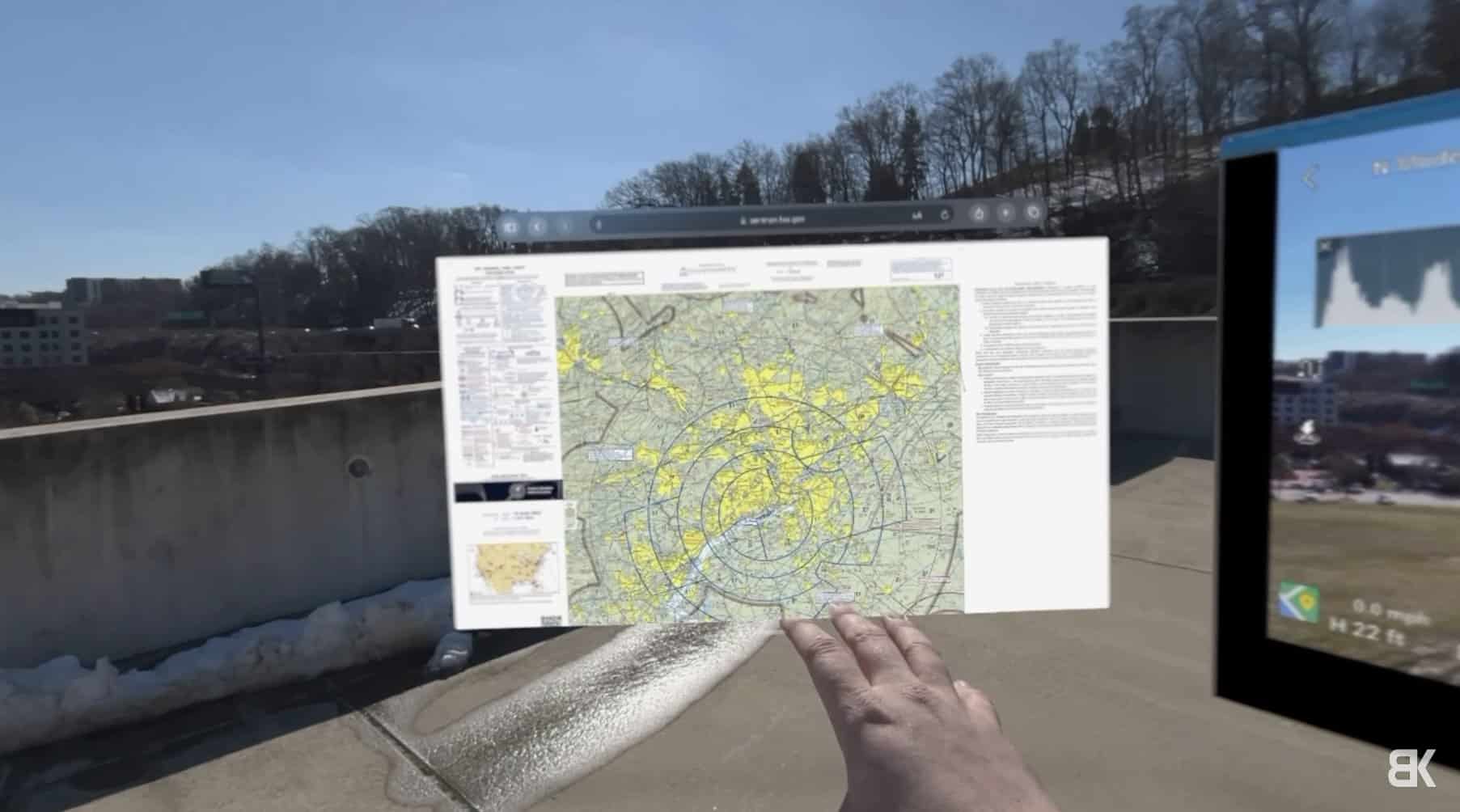 A sectional chart open in Safari next to the live drone feed.