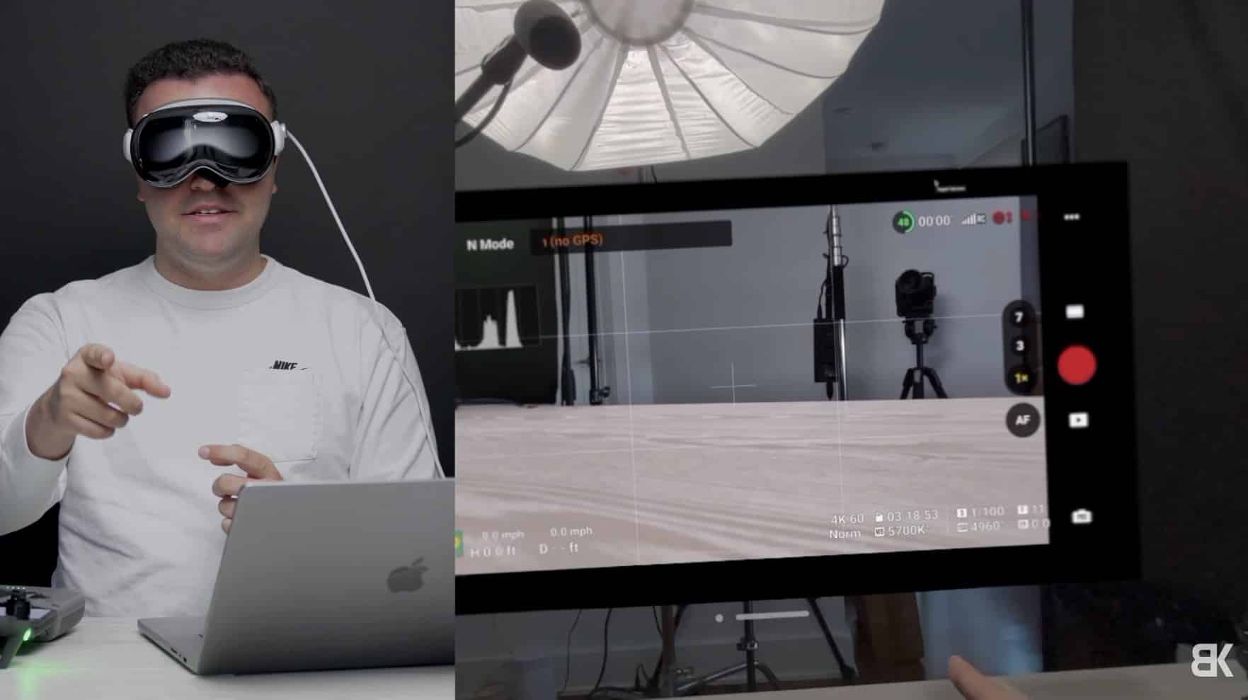 Mirrored DJI Fly app screen shown inside the headset through the Mac virtual desktop.