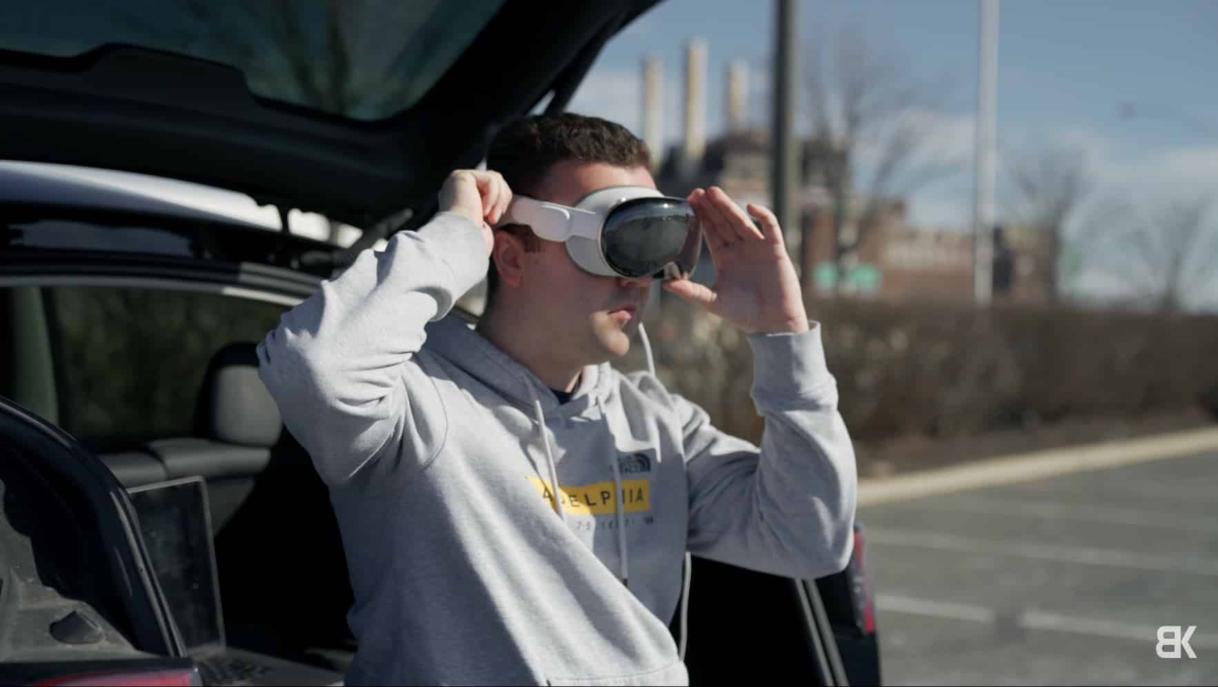 The drone live feed floating as a large window inside the Vision Pro view.