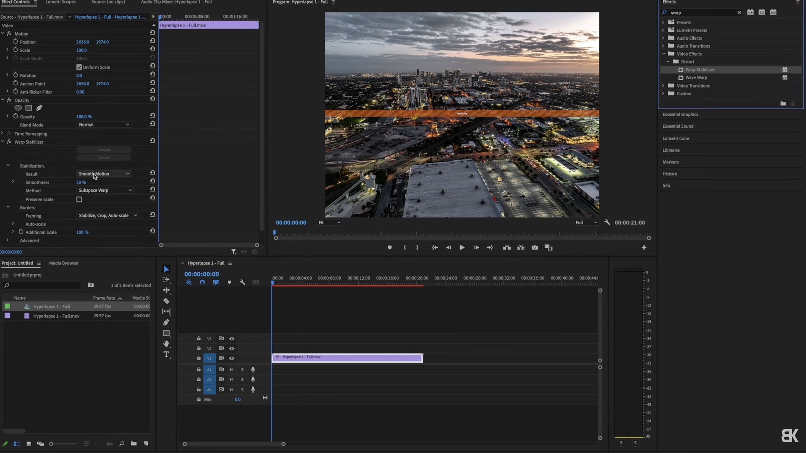 Hyperlapse clip kept at full resolution for Warp Stabilizer work in Adobe Premiere Pro.
