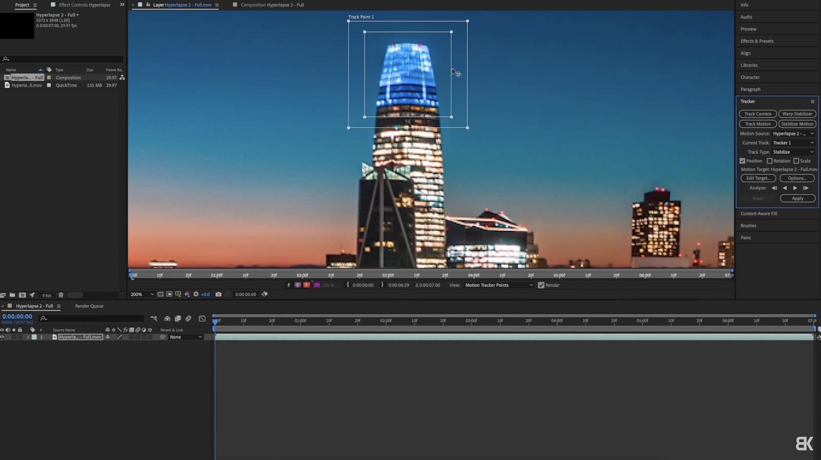 Hyperlapse frame of the kind used to place an After Effects Stabilize Motion tracker.