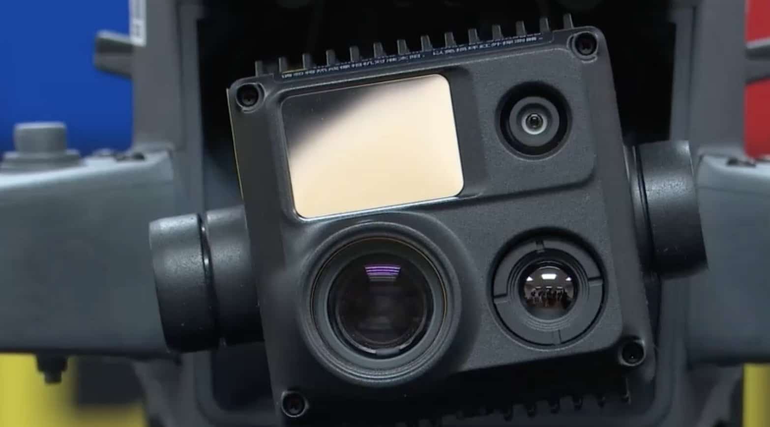 Close-up of the drone payload showing its thermal, zoom and laser sensors.